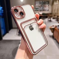 Imagem de Estojo porta-cartão transparente galvanizado para iPhone 13 11 12 14 Pro Max 14 Plus Bolso para fotos Capa de silicone à prova de choque, ouro rosa, para SE2020 ou SE2022