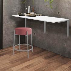 Imagem de Kit Mesa Suspensa de Parede Fixa MDF Branco + 1 Banqueta Sintra Ferro Prata Suede Rose - Ahazzo Móveis