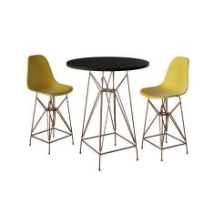 Imagem de Jogo Mesa Bistrô Eames Preta 60cm 2 Banquetas Amarela Base Ferro Cobre