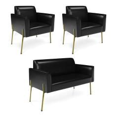 Imagem de Sofá Namoradeira e 2 Poltronas Pé de Ferro Dourado Marisa Corano Preto D03 - D`Rossi