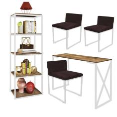 Imagem de Kit Escritório Bex 3 Cadeiras Sintético Marrom com 1 Mesa e 1 Livreiro Ferro Branco MDF Caramelo - Ahazzo Móveis
