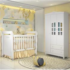 Imagem de Quarto de Bebê Provençal Lisa Berço Mini Cama Guarda Roupa Infantil 3 Portas Branco Carolina Baby