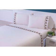 Imagem de Jogo Lençol Solteiro King (2,10mx1,10mx30cm) 3 Peças 200 Fios 100% Algodão Barrado Bordado Tulipa Cáqui