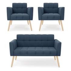 Imagem de Kit 1 Sofá Namoradeira E 2 Poltronas Elisa Suede Azul Marinho Pés Pali