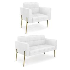 Imagem de Sofá Namoradeira E Poltrona Base Pé De Ferro Dourado Elisa Corano Branco D03 - D'rossi