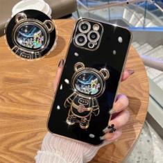 Imagem de Capa de suporte dobrável de urso de areia movediça astronauta para iPhone 15 14 ProMax Plus 13 12 11 Pro Max XR Xs Max Capa macia de silicone de Natal, preta, para iPhone 14Plus