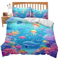 Imagem de Conjunto de cama oceânico, tartaruga-marinha, tema golfinho, conjunto de edredom náutico, decoração de quarto, solteiro, macio, casal, Queen, tamanho king, capa de edredom com 2 fronhas para crianças,