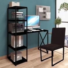 Imagem de Kit Escritório Mesa Max BeX 5 Prateleiras e Cadeira Stan Preto Tampo Preto Corino Marrom - Ahz Móveis