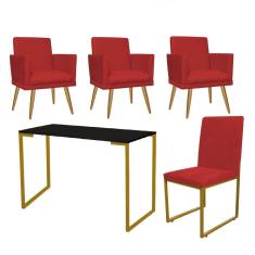 Imagem de Kit Escritório Stan 3 Poltronas Rodapé com Cadeira e Mesa Industrial Preto Dourado Suede Vermelho - Ahz Móveis