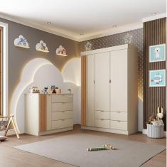 Imagem de Quarto Infantil Completo Guarda-Roupa 3 Portas 4 Gavetas Com Cômoda 100% Mdf Ayla Off White
