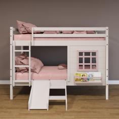 Imagem de Beliche Infantil Com Janela E Escorregador Madeira Maciça Branco/ Rosa Housin