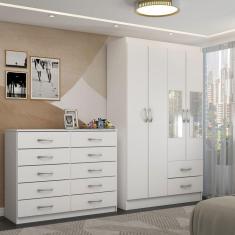 Imagem de Guarda-Roupa Solteiro Hazel 4 Portas 2 Gavetas e Espelho com Cômoda 10 Gavetas Branco - Panorama Móveis
