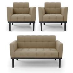 Imagem de Sofá Namoradeira E 2 Poltronas Base De Madeira Preto Elisa Suede Marrom Rato D03 - D`rossi