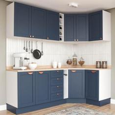 Imagem de Cozinha Modulada 8 Peças 3 Aéreos 3 Balcões Adega e Toalheiro Arizona Cabecasa Madeiramadeira Azul/branco