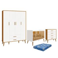 Imagem de Dormitório Infantil Isis Guarda Roupa 4 Portas, Cômoda e Berço com Colchão - Reller Móveis Branco/Savana