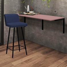 Imagem de Kit Mesa Suspensa de Parede Fixa MDF Rosa + 1 Banqueta Lexi Ferro Preto Sintético Azul Marinho - Ahazzo Móveis