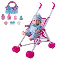 Imagem de Boneco Menino Brinquedo Estilo Reborn e Carrinho e Bolsinha - Milk Bri