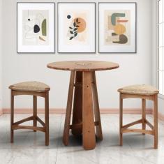 Imagem de Conjunto Mesa Bistrô Dália Ø80 Tampo Madeira e 04 Banquetas Alta em Madeira de Eucalipto Marrom
