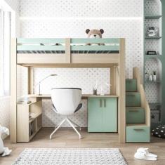 Imagem de Cama Alta Infantil com Escada, Escrivaninha e 6 Portas Star Plus Casatema Legno Salinas/verde Bellagio