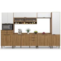 Imagem de Armário De Cozinha Completa Com Balcão Nicho Para Micro Ondas 13 Portas 5 Gavetas Paris Nogal/branco