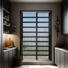 Imagem de Porta de Correr com Travessas 2 Folhas Moveis 210 X 120 Elite com Fecho Automático Vidro Reflex Mix Preto