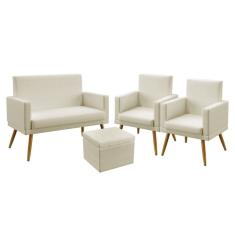 Imagem de Kit Poltrona Namoradeira e 2 Poltronas Decorativas Estofada Nina Rodapé e Puff Quasar Sued Bege Aradecor