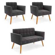 Imagem de Namoradeira e 2 Poltronas Pé Palito Castanho Elisa Bouclê Grafite D03 - D`Rossi