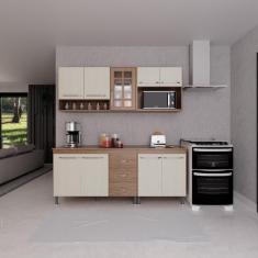 Imagem de Cozinha Modulada Compacta Fidelitá Paris 4 Peças 190cm 9 Portas 3 Gavetas Com Tampo Nogal/salinas