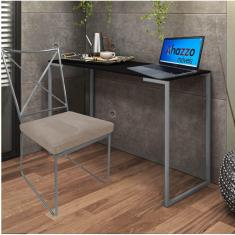 Imagem de Kit Escritório Clark Cadeira e Mesa Industrial Ferro Cinza Tampo MDF Preto Corino Bege - Ahz Móveis
