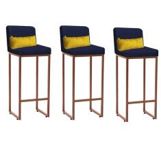 Imagem de Kit 03 Banqueta Alta com Encosto Lucca Industrial Cozinha Balcão Ferro Bronze Corino Azul Marinho e Almofada Amarelo - Ahazzo Móveis