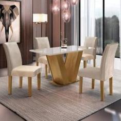 Conjunto de Mesa de Jantar Berlim II com Tampo de Vidro Off White e 4  Cadeiras Grécia Veludo Creme