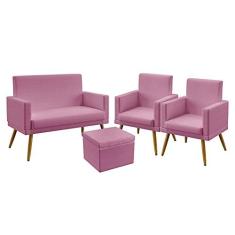 Imagem de Kit Poltrona Namoradeira e 2 Poltronas Decorativas Estofada Vega Com Rodapé com Puff Quasar Sued Rosê Aradecor