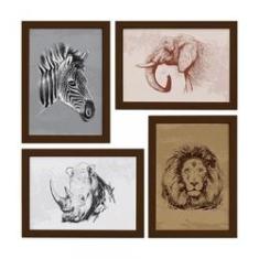 Imagem de Quadros Animais Safari África Moldura Marrom 33x43cm 4un
