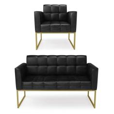 Imagem de Kit 1 Sofá Namoradeira E 1 Poltrona Elisa Corano Preto Base Metálica Industrial Dourado - D`rossi
