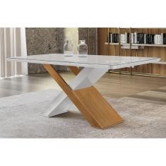 Imagem de Mesa De Sala Jantar + Tampo Madeirado Vidro Curvo 180x90cm Off White/imbuia-vidro Off White
