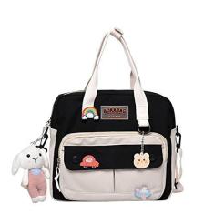 Imagem de Bolsa tiracolo Kawaii com acessórios Kawaii para meninas, linda bolsa de ombro à prova d'água para laptop, bolsa escolar para estudantes, Preto