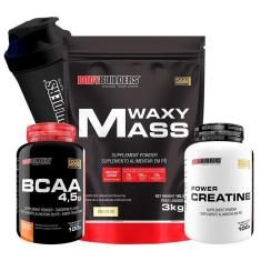 Imagem de Kit Waxy Mass 3kg + BCAA 4,5 100g  + Power Creatina 100g + Coqueteleira - Bodybuilders-Unissex