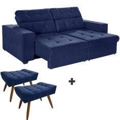 Imagem de Kit Sofá 3 Lugares New Itália 210cm Azul Retrátil Reclinável, Com 2 Pu