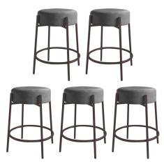 Imagem de Kit 05 Banquetas Alta Sintra 65cm Redonda Ferro Marrom Suede Cinza - Ahazzo Móveis