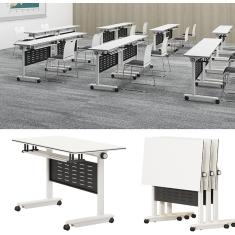 Imagem de Mesa de conferência dobrável de 4 pacotes, mesa de treinamento móvel flip top com rodízios fixáveis ​​e placa defletora, mesa de reunião dobrável para escritório, sala de reuniões, sala de a