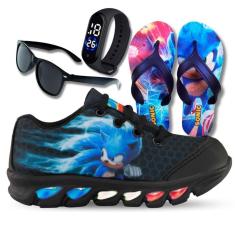 Imagem de Kit Tênis De Led Infantil Menino Masculino Sonic + Chinelo + Relógio + Óculos-Masculino