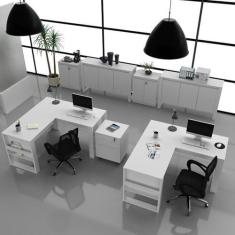 Imagem de Kit 7 Peças 2 Mesas L com 1 Gaveteiro 2 Balcões e 2 Balcões 3 Portas Espresso Móveis Branco