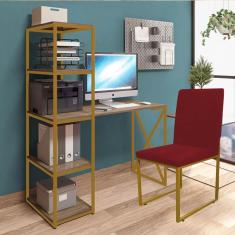 Imagem de Kit Escritório Mesa Max BeX 5 Prateleiras e Cadeira Stan Dourado Tampo Imbuia Sintético Vermelho - Ahz Móveis