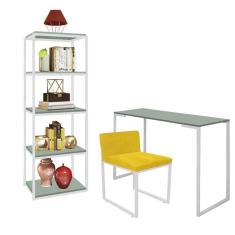 Imagem de Kit Escritório Ravi 1 Cadeira Suede Amarelo com 1 Mesa e 1 Livreiro Ferro Branco MDF Verde Oliva - Ahazzo Móveis