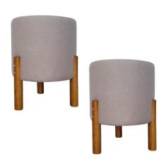 Imagem de Kit 2 Puff Banqueta Redondo Pé de Madeira Linho Sala Quarto - MM Decor