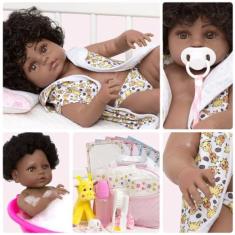 Imagem de Boneca Reborn Realista Negra Girafa Roupão Enxoval Completo