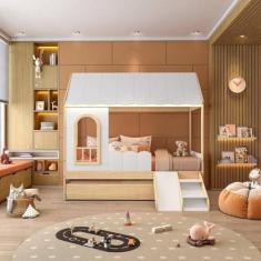 Imagem de Bicama Reversivel Casinha com Telhado e Led, com Janela, Grade e Escadinha New Garden Casatema Branco/Natural