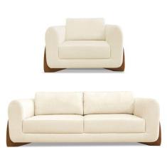 Imagem de Kit Poltrona E Sofá Living 2 Lugares 1,60M Lottus Linho Bege Pés Casta