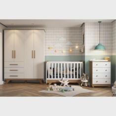 Imagem de Quarto de Bebê Completo com Guarda Roupa 4 Portas 3 Gavetas Cômoda e Berço Retrô