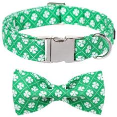 Imagem de Maca Bates Coleira de cachorro com trevo com gravata borboleta para o dia de São Patrício coleira de cachorro com fivela de metal ajustável para cães pequenos, médios e grandes, confortável, macia,